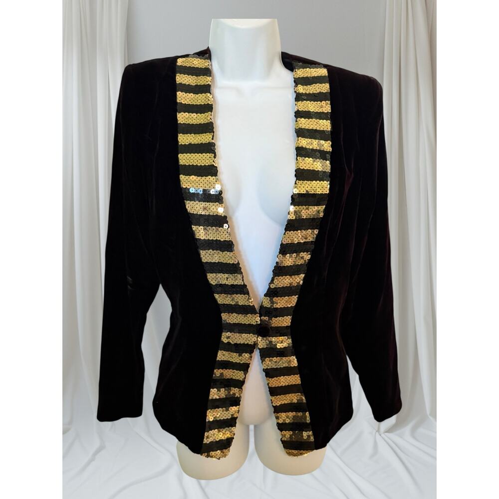 Vintage Scott McClintock Black Velvet Gold Sequin Evening Blazer USA, Size 6
